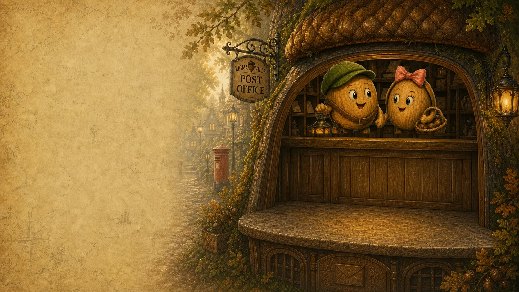 Little Ligma and Candice greeting visitors from the acorn-shaped Ligmaville post office